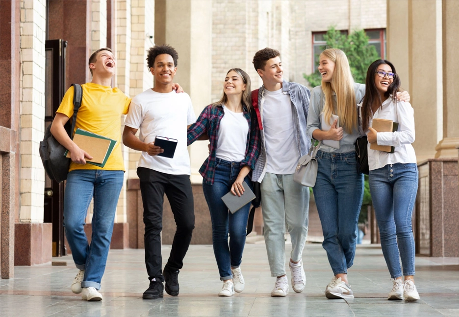 group of college students walking together