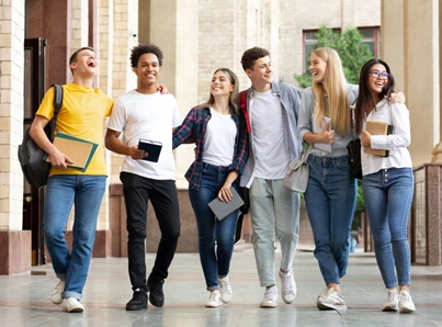 group of college students walking together