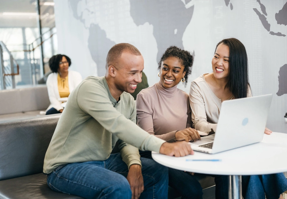 multiracial group on computer