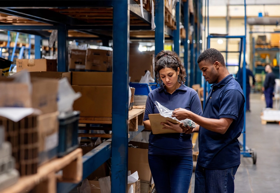 two supply chain workers looking over documents